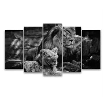 Imagem de Kit quadro decorativo 5 peças 95x60cm Leão E Filhote Preto E Branco