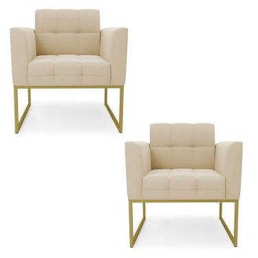 Imagem de Kit 2 Poltronas Elisa Suede Bege Base Metálica Industrial Dourada - D'rossi