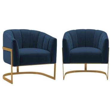 Imagem de Kit 2 Poltronas Decorativas Sala De Estar Recepção Mavie Base De Ferro Dourado Suede Azul Marinho