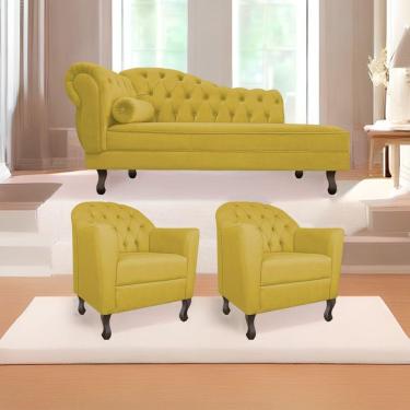 Imagem de Kit Diva Recamier Diana 185cm Lado Direito e 02 Poltronas Julia Suede Amarelo