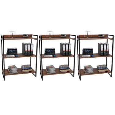 Imagem de Kit 3 Estantes Com 3 Prateleiras Escritório 14x80 Cm Nogal