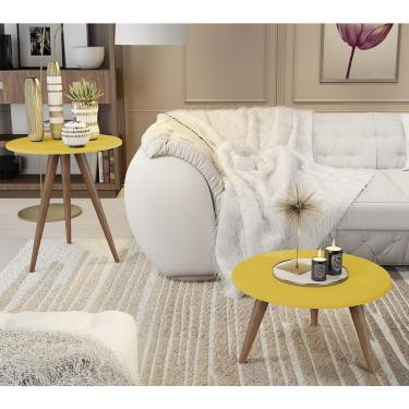 Imagem de Conjunto 2 Mesas Retrô Natália - Pés Palito Lateral Apoio Mdf Mdp Amarelo - J3 Móveis