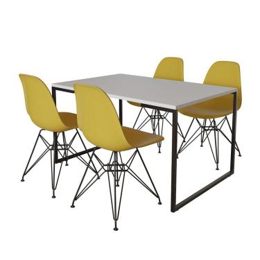 Imagem de Mesa Industrial Base Ferro Preto 137X90 Tampo Branco 4 Cadeiras Eiffel Ferro Preto Assento Amarelo