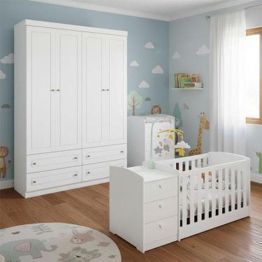 Imagem de Berço Multifuncional Atlanta E Guarda Roupa 4 Portas Americano Ambiente Branco Fosco Henn - Reller