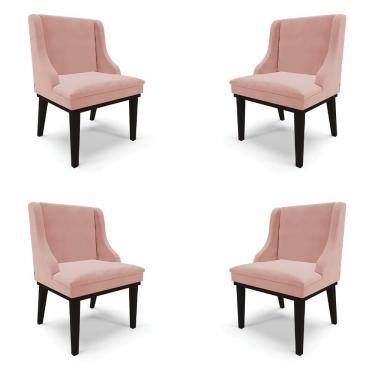 Imagem de Kit 4 Cadeiras Decorativas Sala De Jantar Base Fixa De Madeira Firenze Veludo Rosê/preto G19