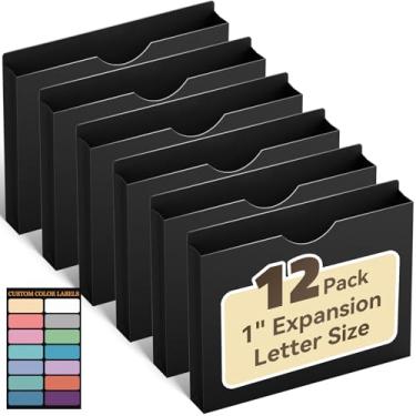 Imagem de ANSOOK Jaquetas de arquivo de plástico reforçado, pasta de arquivo de expansão resistente de 2,5 cm, pacote com 12 bolsos de arquivo Manila, pasta de arquivo tamanho carta, aba reta, pasta preta para