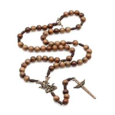 Imagem de Terço Colar São Miguel Arcanjo, Madeira Imbuia, 40cm, Fecho Ouro Velho, Contas 8mm, Crucifixo 4,3x1,9cm, Uso Devocional