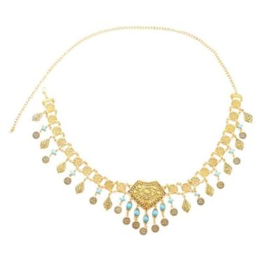 Imagem de Kokoma Corrente de barriga de cintura boêmia vintage para mulheres, corrente de cinto de metal com contas turquesa, moeda, borla, pingentes pendentes, acessórios de joias para vestido e jeans