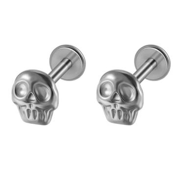 Imagem de Niaspi 2 peças de anéis labiais de caveira gótica Labret Monroe para mulheres 16 G sem rosca push in labret labret tragus helix cartilagem brinco para piercing de Halloween joias, 16g, Titânio, Sem