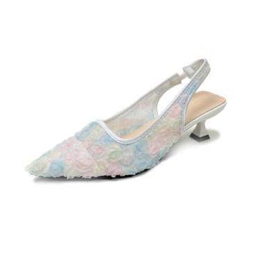 Imagem de Elegante salto gatinho de renda para mulheres – Slingback bico fino de malha floral – Sandálias formais de salto baixo para festas de casamento, Rosa, azul, 33