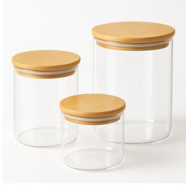 Imagem de Conjunto 3 Potes Herméticos Redondo Vidro Borossilicato Tampa Bambu - Organizador Cozinha Mantimentos Cereais Café Açúcar - Design Moderno Sustentável