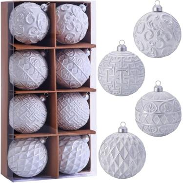 Imagem de Enfeites de bola de Natal vintage de 8 cm, conjunto de enfeites de Natal envelhecidos rústicos prateados e brancos, decorações de árvore em estilo de fazenda inquebráveis para decoração de Natal e