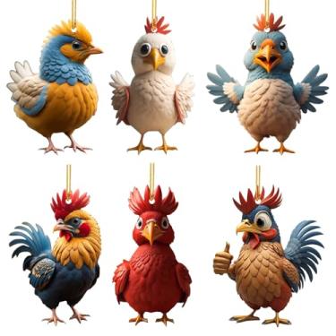 Imagem de 6 enfeites de Natal de galo de desenho animado, 10 x 10 cm, enfeites de galinha de acrílico, lindos pingentes de animais de fazenda para árvore, janela, carro, decoração de casa