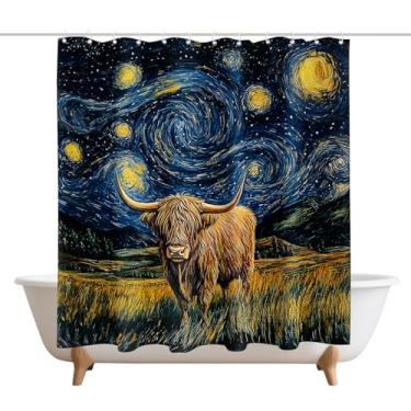 Imagem de XMWYTJ Cortinas de chuveiro engraçadas de vaca Highland Noite estrelada decoração de porta de celeiro tecido de poliéster à prova d'água conjunto de cortinas de banheiro com 12 ganchos, 180 x 189