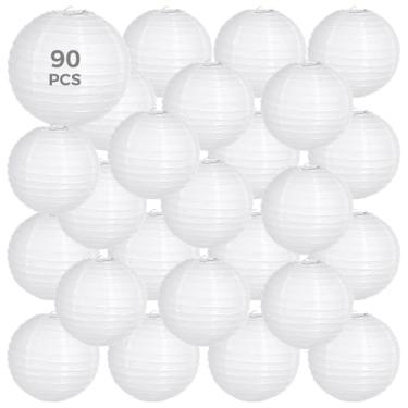 Imagem de LUMINFLY Pacote com 90 lanternas de papel branco de 20 cm para decoração de casamento e festa, lanternas decorativas suspensas para eventos