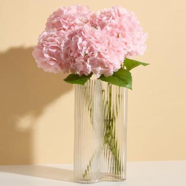 Imagem de Flores artificiais de hortênsia rosa de toque real (pacote com 4) - Flores de hortênsia falsas de 50 cm com haste longa e folhas Hortênsias falsas realistas para decoração de casa, arranjos florais