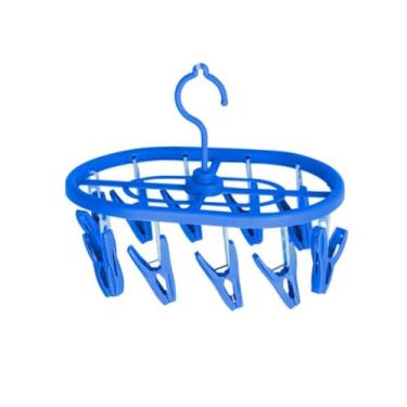 Imagem de Varal Oval de Plástico com 10 Prendedores, Azul, para Roupas e Acessórios, Design Compacto e Dobrável