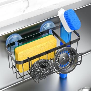 Imagem de HOKEMOM Organizador de pia de cozinha com suporte de esponja e ganchos multifuncionais – Ventosas duplas (suporte de 8,4 kg), aço inoxidável de 2,0 mm, preto à prova de ferrugem, suporte