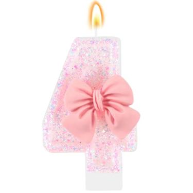 Imagem de IDIJOLI Vela de aniversário rosa com laço número 4, topo de bolo, decoração de cupcake, decorações de festa de aniversário de 4 anos, comemorações, suprimentos, lembrancinhas