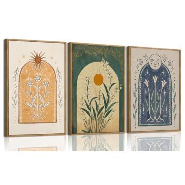 Imagem de ZZTCYSU Arte de parede em tela celestial arte de parede emoldurada sol e lua impressões de tarô vintage arte de astrologia mística gótica para sala de estar quarto banheiro 41 x 61 cm