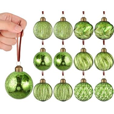 Imagem de 12 peças de enfeites de bola de Natal vintage de vidro mercúrio 6 cm decorações de bola em relevo antigas decorações de árvore de Natal para decoração de Natal de inverno (verde claro)