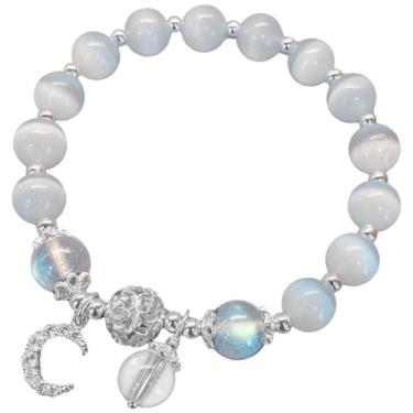 Imagem de Pulseira de cristal de pedra da lua feita à mão para mulheres, pulseira elástica com contas com pingente de lua, circunferência 8,3, joia de cristal olho de gato