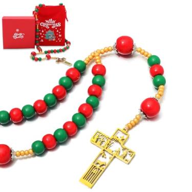 Imagem de KOMI Rosário de Natal com cruz de presépio de aço inoxidável, contas de madeira vermelhas e verdes, presentes de Natal religiosos católicos