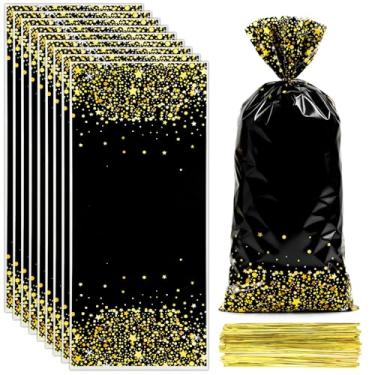 Imagem de Sacolas de lembrancinhas de festa em ouro preto, 100 unidades de sacolas de guloseimas douradas pretas, de plástico, bolachas, doces, bolachas, presente para festas de fim de ano, com gravata dourada