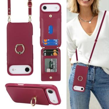 Imagem de Lipvina Capa para iPhone 17 Air com suporte para cartão e alça para mulheres, cordão transversal, suporte de anel, fecho de pressão, capas de carteira de telefone fofas de 6,6 polegadas (vermelho)
