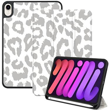Imagem de Deokke Capa compatível com iPad Mini 6 de 8,3 polegadas 2021, capa para iPad Mini 6ª geração com suporte para lápis, capa traseira de TPU macio, capa de hibernar/despertar automática com carregamento de 2º lápis, leopardo cinza