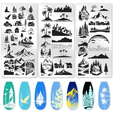 Imagem de Benikmake 3 peças de molde de carimbo de unha de paisagem placa de estampagem de unhas de montanha placa de imagem de aço inoxidável DIY ferramentas reutilizáveis com raspador de carimbo para salão de