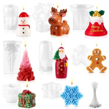 Imagem de LemonRoad Conjunto de 8 moldes de vela de Natal 3D, sabão de silicone, resina epóxi, molde de cera 3D, árvore de Natal 3D, Papai Noel, alce, boneco de neve para vela, sabonete de resina, kit de
