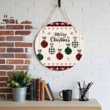 Imagem de Placa de boas-vindas de Feliz Natal para decoração de porta da frente 15 cm bolas de Natal xadrez de búfalo rústico casa de fazenda redondo acrílico pendurado placa de boas-vindas decorações para casa