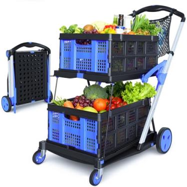 Imagem de Carrinho de compras dobrável com rodas, 2 caixas de armazenamento e 1 bolsa de armazenamento, capacidade de 90 kg, carrinho de compras multifuncional funcional, design que economiza espaço para casa