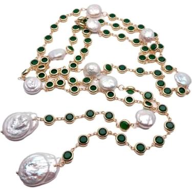 Imagem de URMIBDAI Colares femininos cultivados moeda branca pérola keshi colar longo terço verde