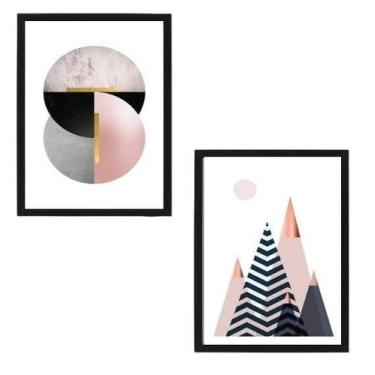 Imagem de Kit 2 Quadros Geométricos Rosê Com Preto 24X18 Vidro Preta - Quadros O