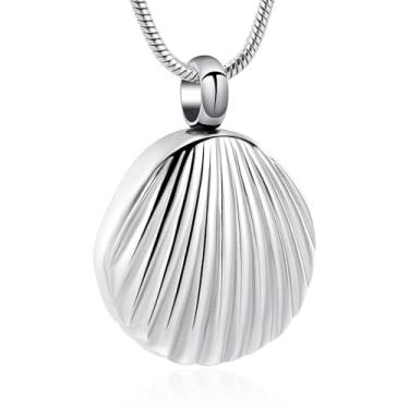 Imagem de mingkejw Colar de urna de concha para cinzas, joia de cremação para mulheres e homens, pingente de concha de aço inoxidável, colar memorial para animais de estimação humanos, joias de lembrança para