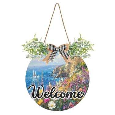 Imagem de SEHANY Placa de boas-vindas de flores e mar, decoração de porta da frente, guirlanda de boas-vindas redonda para decoração de casa de fazenda, varanda e pátio, 30 x 30 cm