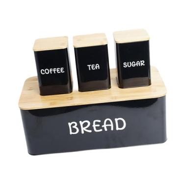 Imagem de Ｂｅｓｇａ Conjunto de caixa de pão com vasilhas, 4 peças, suporte para pão, decoração de cozinha, organizador, chá, café, açúcar, recipiente com tampa de bambu