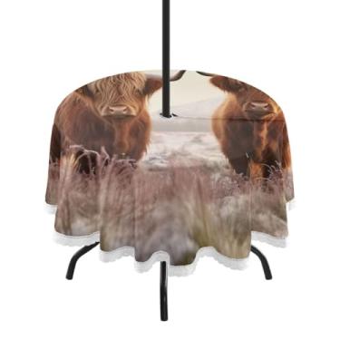 Imagem de ATTX Toalha de mesa redonda Cool Highland Cow ao ar livre – 152 cm, impermeável, à prova de derramamento, uso interno/externo, com orifício para guarda-chuva com zíper para acampamento, piquenique