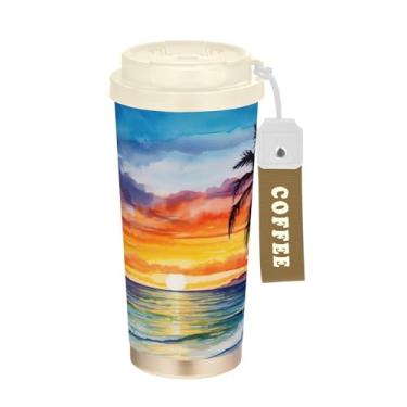 Imagem de SEHANY Caneca de viagem com palmeira de verão, 482 g, copos de café reutilizáveis revestidos de cerâmica com tampa à prova de vazamento, parede dupla, isolamento a vácuo, copo de café de aço