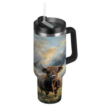 Imagem de SEHANY Copo Highland Cow 1,134 g com tampa e canudo, aço inoxidável de vácuo duplo isolado garrafa de água esportiva suporte para copo de café de viagem à prova de vazamento para bebida gelada