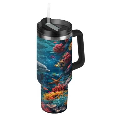 Imagem de Blueangle Copo colorido de recifes de coral de 850 g com alça e tampa de palha, caneca de viagem de aço inoxidável isolada a vácuo de parede dupla, garrafa de água reutilizável para academia de