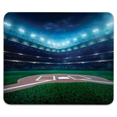Imagem de Tapete de mouse antiderrapante para jogos e escritório com bordas costuradas 24 x 19 cm, campo de beisebol profissional à noite vibrante playground estádio liga tema impressão durável superfície lisa