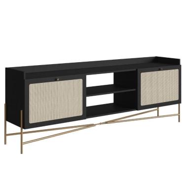 Imagem de Rack 2 Portas Oslo Artesano 183 Cm (largura) Mdp Nero Palha Sintética Bege Pé Metal Dourado