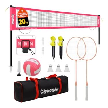 Imagem de Olybeaka Conjunto De Rede Combinada Para Vôlei E Badminton 20 Pés Praia No Quintal Com Postes Ajustáveis, Anti-Flacidez Durável, Poliuretano, 2 Raquetes Alumínio