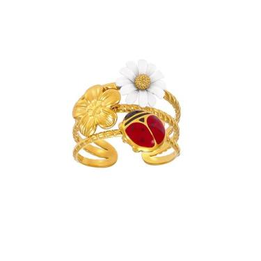 Imagem de Dtja Anel de declaração de margarida joaninha em camadas para mulheres de aço inoxidável, moderno, delicado, ajustável, expansível, flor, inseto, banda larga aberta, anéis de dedo fofos para festas de