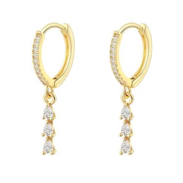 Imagem de Cuzmly Brincos de argola para mulheres, brincos pequenos banhados a ouro 14 k delicados 14 k para mulheres, brincos modernos e leves e minimalistas, argolas para cartilagem, joias, Latão, Zircônia