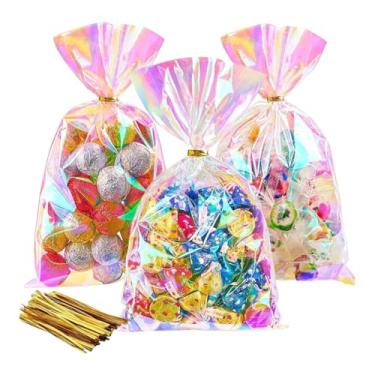 Imagem de 10 sacos de lanche fluorescente de celofane - Sacos de presente de plástico holográfico com alças de chumbo, ideais para presentes de festa, doces, biscoitos e pequenos presentes, sacos transparentes