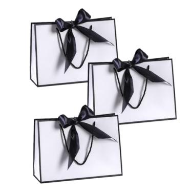 Imagem de 3 peças de sacos de presente de Natal de papel kraft com alças e fita de laço - elegantes para casamento, chá de panela, aniversário, inauguração de casa, compras de férias, presentes (preto-3 peças)